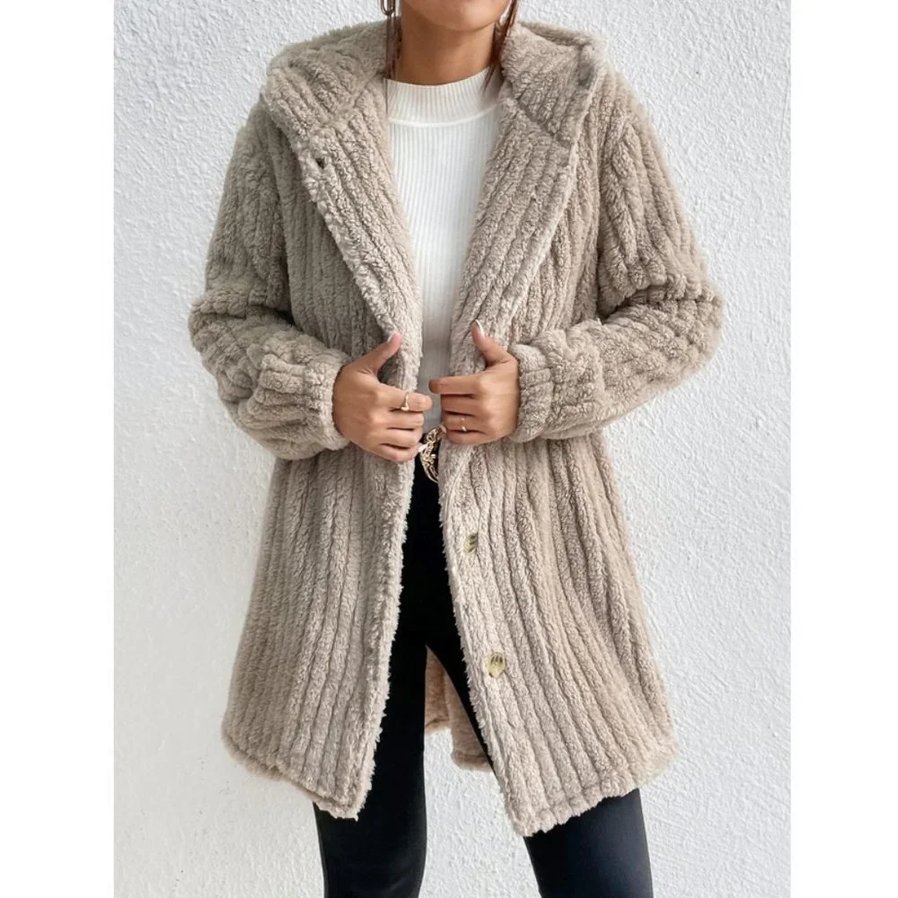 Khaki Button Front Hooded Teddy Coat - Picture 1 of 7